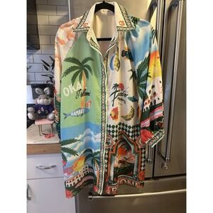 Vibrant Retro Palm Beach/Miami Resort Print Tunic,Shirt Dress,Beach Coverup